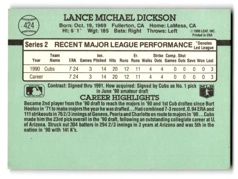 1991 Donruss #424b Lance Dickson - Baseball Card Single