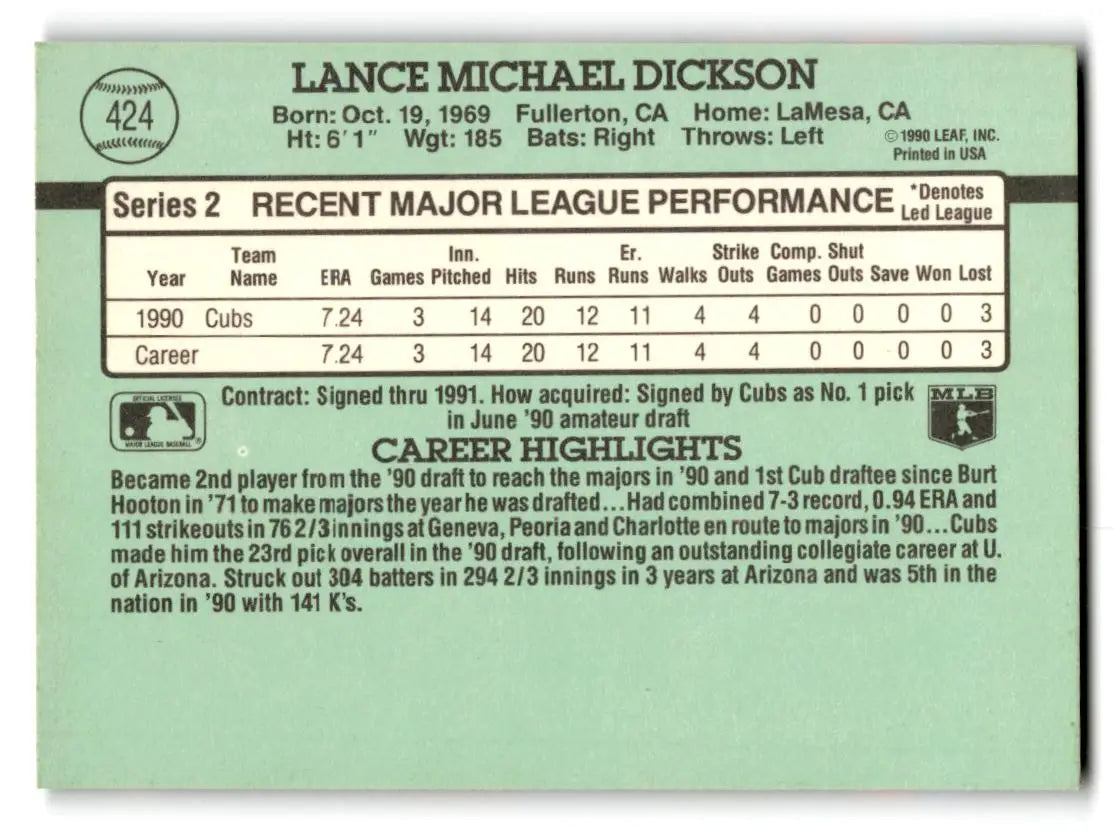 1991 Donruss #424b Lance Dickson - Baseball Card Single