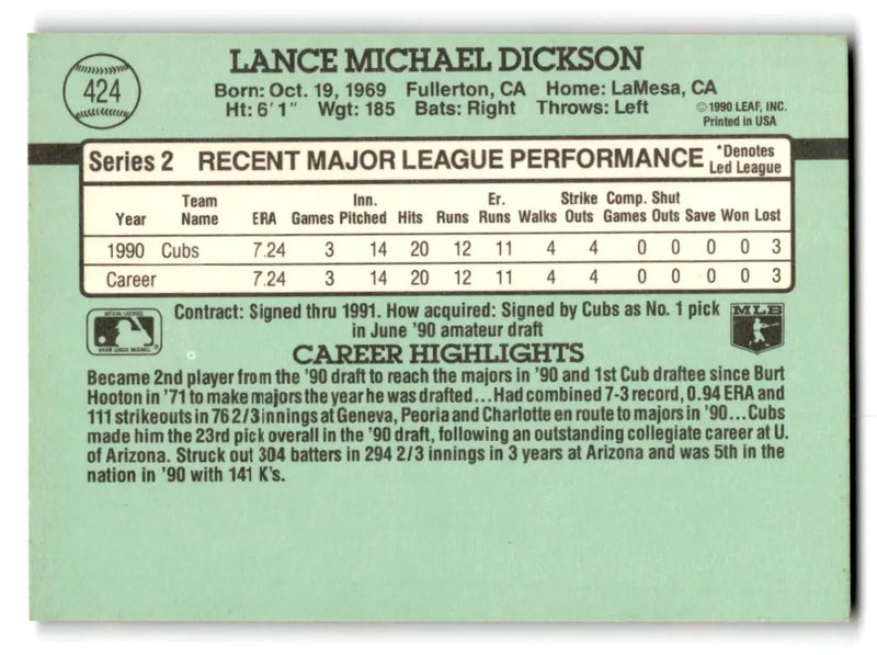 1991 Donruss #424b Lance Dickson - Baseball Card Single