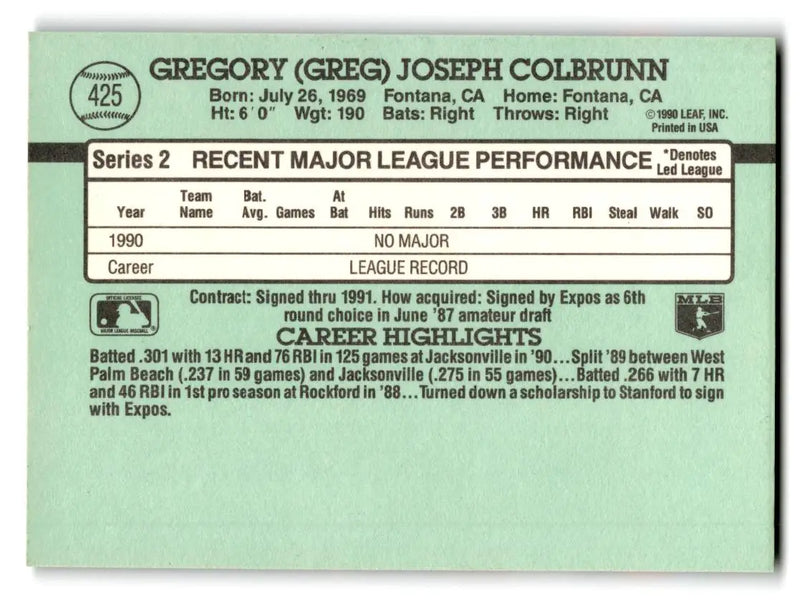 1991 Donruss #425b Greg Colbrunn - Baseball Card Single