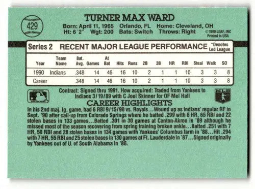 1991 Donruss #429 Turner Ward Cleveland Indians Baseball Cards NM Ne ID:61433 - Baseball Card Single