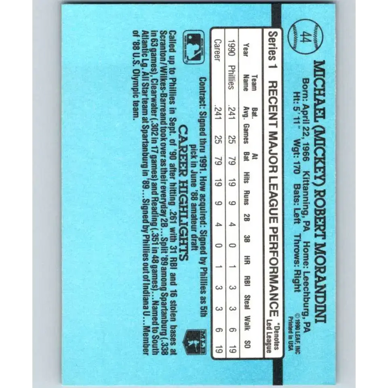 1991 Donruss #44 Mickey Morandini RR NM-MT Philadelphia Phillies Baseball Card - Baseball Card Single