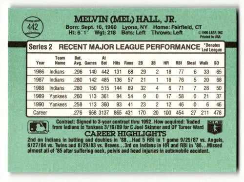 Vintage 1991 Donruss Mel Hall Yankees baseball card with original gloss NM near mint