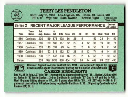 1991 Donruss #446 Terry Pendleton St. Louis Cardinals Baseball Cards ID:61417 - Baseball Card Single