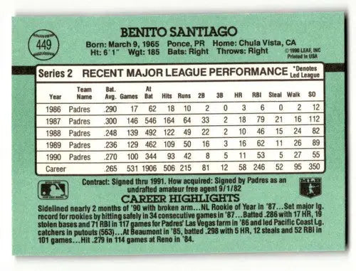 Back of a Benito Santiago San Diego Padres baseball card showing career statistics with original gloss
