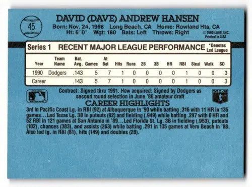 1991 Donruss #45 Dave Hansen Los Angeles Dodgers Baseball Cards EX/N ID:55328 - Baseball Card Single