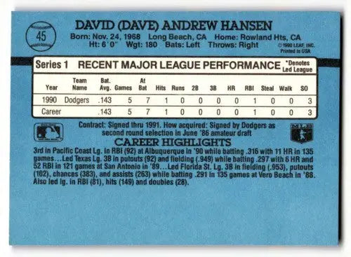 Original gloss of Dave Hansen Los Angeles Dodgers baseball card 1991 Donruss #45