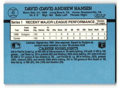 1991 Donruss #45 Dave Hansen Los Angeles Dodgers baseball card back with original gloss