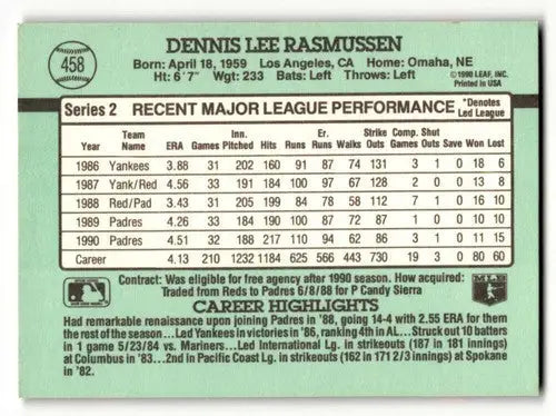 Baseball card back featuring original gloss of Dennis Rasmussen San Diego Padres