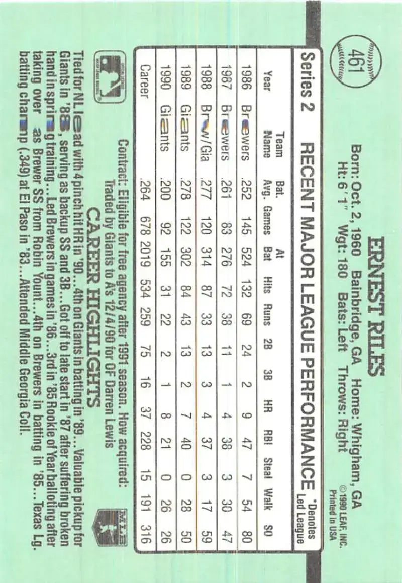 1991 Donruss #461 Ernest Riles NM Near Mint Giants - Baseball Card Single