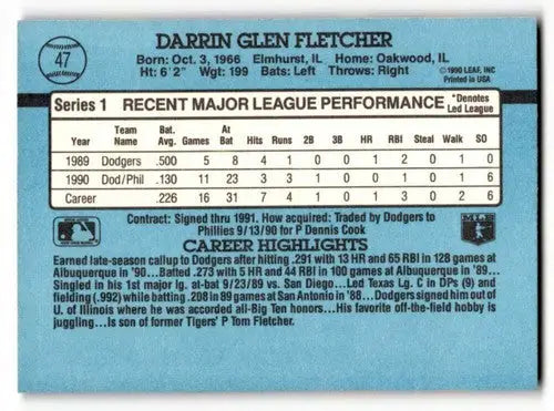 Darrin Fletcher Phillies Baseball card back with original gloss from 1991 Donruss