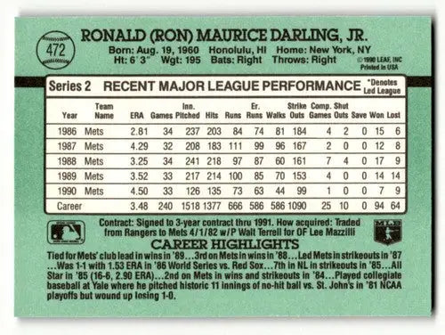 Vintage 1991 Donruss Mets baseball cards featuring Ron Darling with stats and highlights