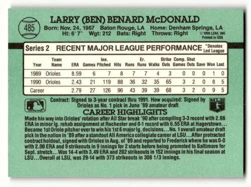 1991 Donruss #485 Ben McDonald Baltimore Orioles Baseball Cards EX/N ID:57679 - Baseball Card Single
