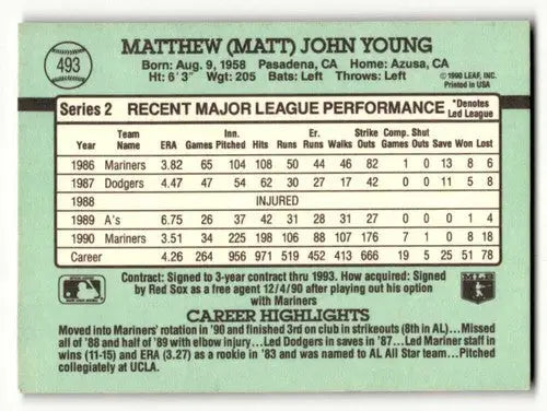 1991 Donruss #493 Matt Young Seattle Mariners Baseball Cards EX/NM ID:57668 - Baseball Card Single