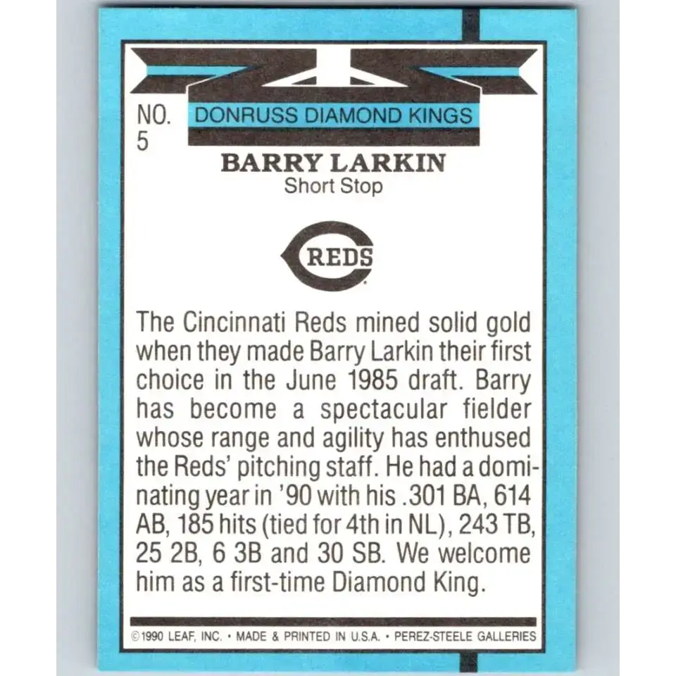 1991 Donruss #5 Barry Larkin DK NM-MT Cincinnati Reds Baseball Card - Baseball Card Single