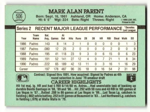 Original gloss Mark Parent San Diego Padres baseball card from 1991 Donruss #506