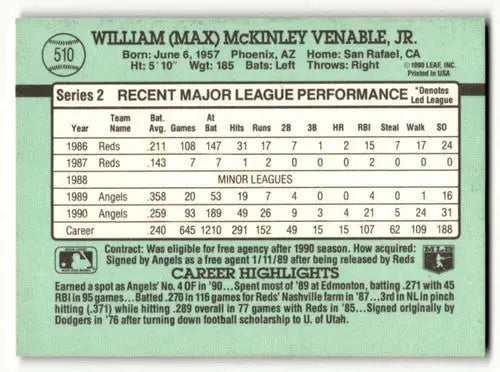 1991 Donruss #510 Max Venable California Angels Baseball Cards EX/NM ID:57658 - Baseball Card Single