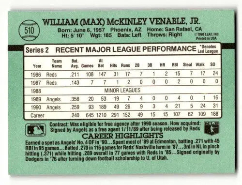 1991 Donruss #510 Max Venable California Angels Baseball Cards EX/NM ID:57729 - Baseball Card Single