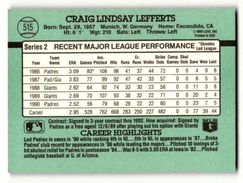 1991 Donruss #515 Craig Lefferts San Diego Padres Baseball Cards EX/ ID:55315 - Baseball Card Single