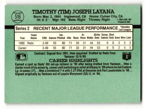 Back of 1991 Donruss #516 Tim Layana Cincinnati Reds baseball card with original gloss
