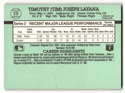 Baseball card back of Tim Layana Cincinnati Reds 1991 Donruss #516 original gloss