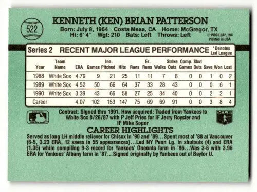 1991 Donruss #522 Ken Patterson Chicago White Sox Baseball Cards EX/ ID:57736 - Baseball Card Single