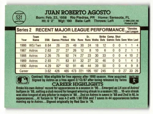 1991 Donruss #531 Juan Agosto Houston Astros Baseball Cards EX/NM ID:55331 - Baseball Card Single