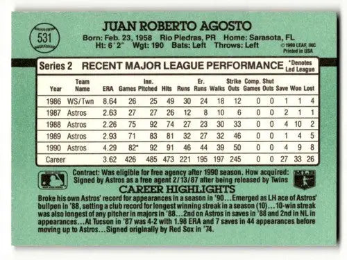 Baseball card back featuring original gloss of Juan Agosto Houston Astros 1991 Donruss