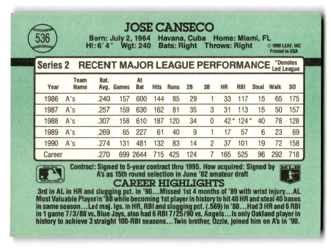 1991 Donruss #536a Jose Canseco - Baseball Card Single