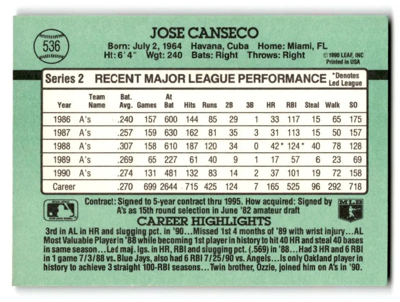 1991 Donruss #536a Jose Canseco - Baseball Card Single