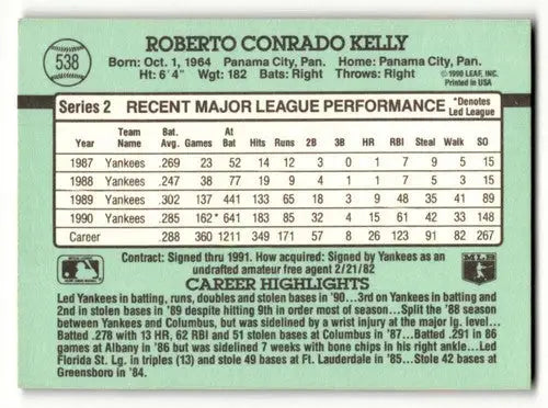 1991 Donruss #538 Roberto Kelly New York Yankees Baseball Cards EX/N ID:57738 - Baseball Card Single