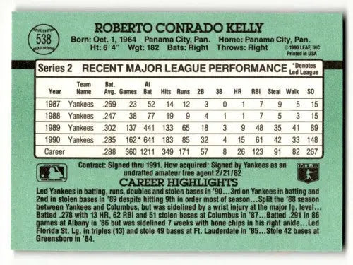 1991 Donruss #538 Roberto Kelly New York Yankees Baseball Cards NM N ID:61448 - Baseball Card Single