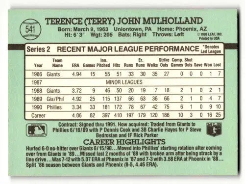 Baseball card back featuring original gloss of Terry Mulholland for Philadelphia Phillies