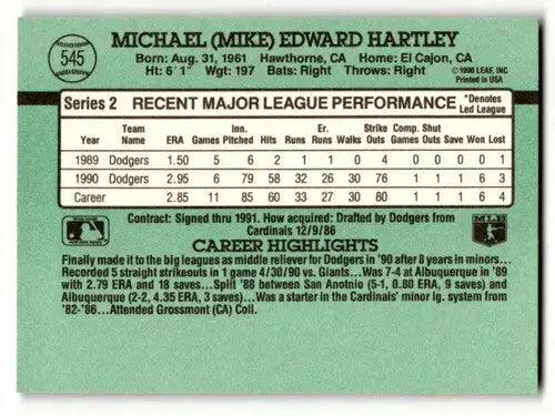 Baseball card back with original gloss for Mike Hartley Los Angeles Dodgers card