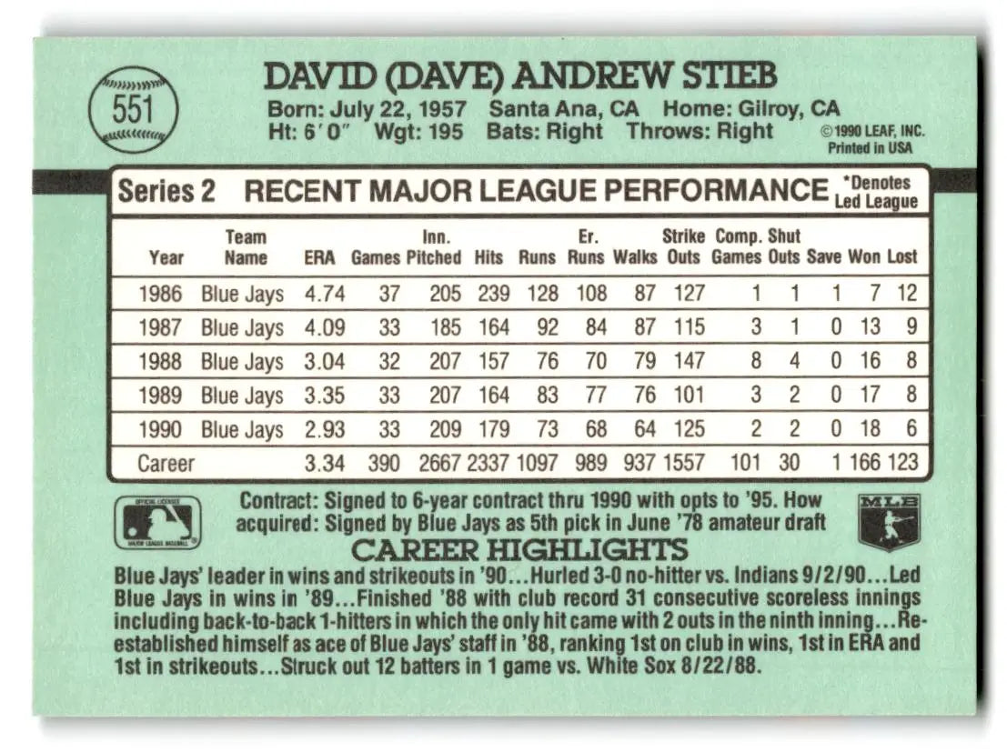 1991 Donruss #551b Dave Stieb - Baseball Card Single