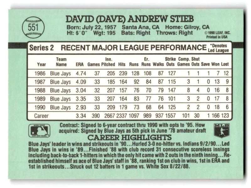 1991 Donruss #551b Dave Stieb - Baseball Card Single