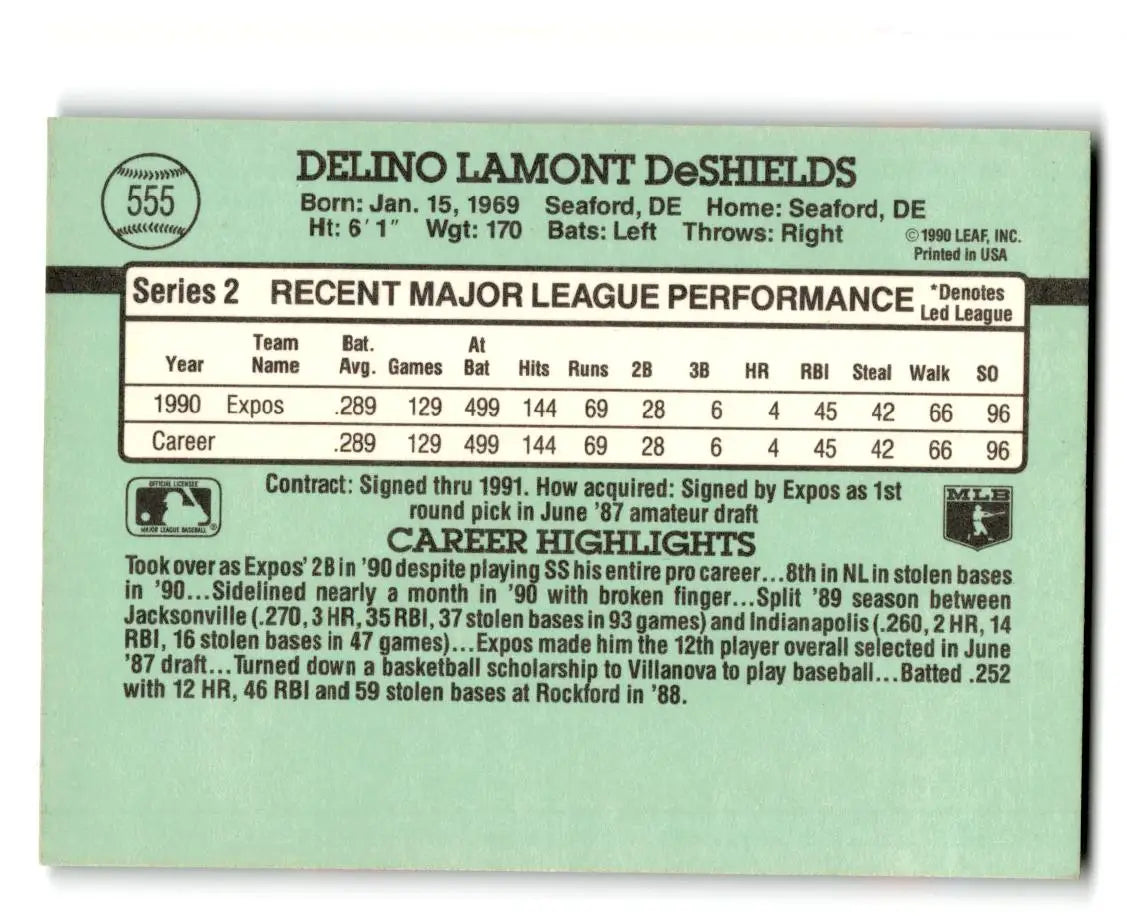 1991 Donruss #555b Delino DeShields - Baseball Card Single