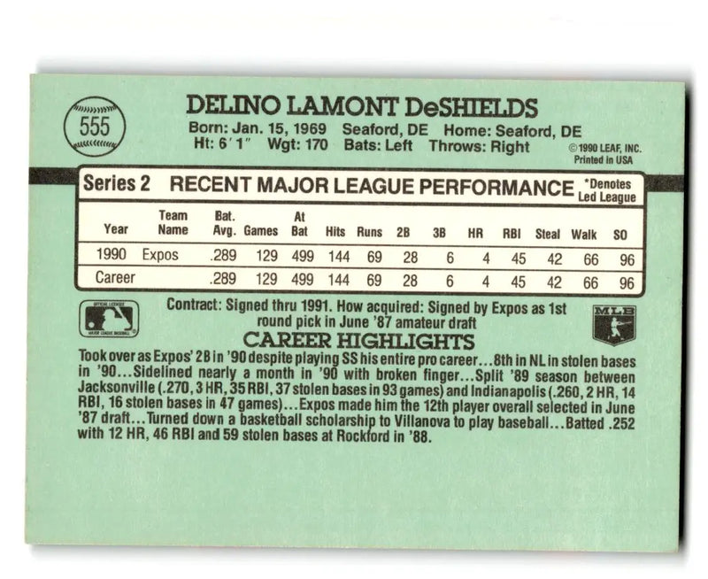 1991 Donruss #555b Delino DeShields - Baseball Card Single