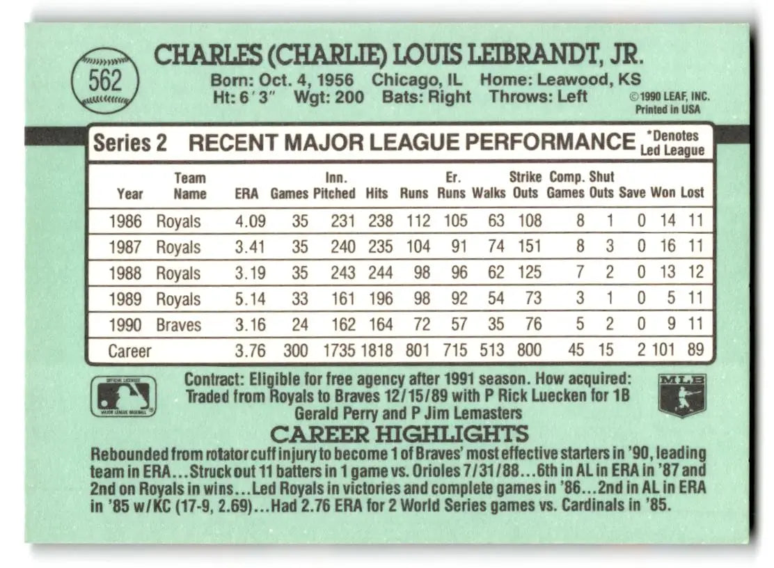 1991 Donruss #562a Charlie Leibrandt - Baseball Card Single