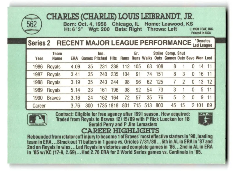 1991 Donruss #562a Charlie Leibrandt - Baseball Card Single