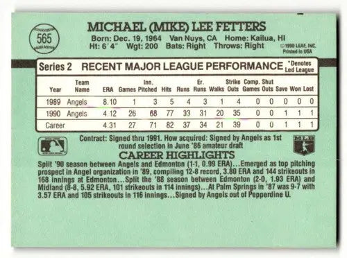 1991 Donruss #565 Mike Fetters California Angels Baseball Cards EX/N ID:57726 - Baseball Card Single