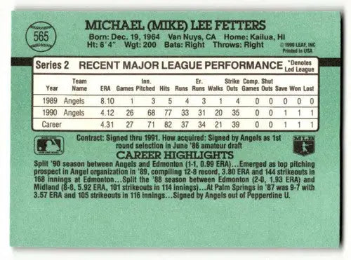 Original gloss baseball card featuring Mike Fetters California Angels player stats