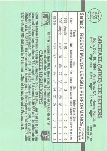 1991 Donruss #565 Mike Fetters NM-MT Angels - Baseball Card Single