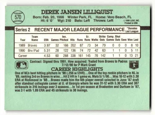 Original gloss Derek Lilliquist San Diego Padres baseball card from 1991 Donruss #570
