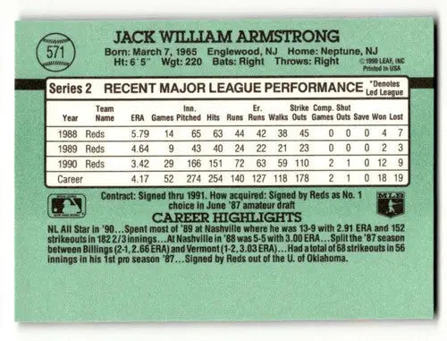 Back of 1991 Donruss Jack Armstrong Cincinnati Reds baseball card with player stats