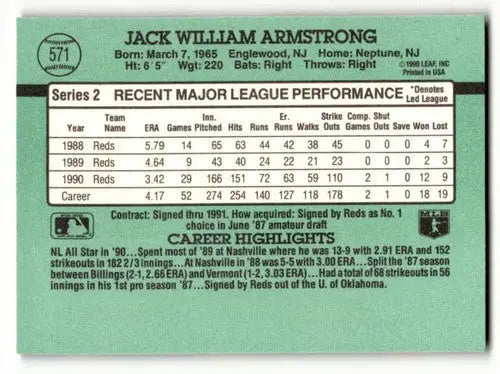 Original gloss Jack Armstrong Cincinnati Reds baseball card with recent stats and career highlights