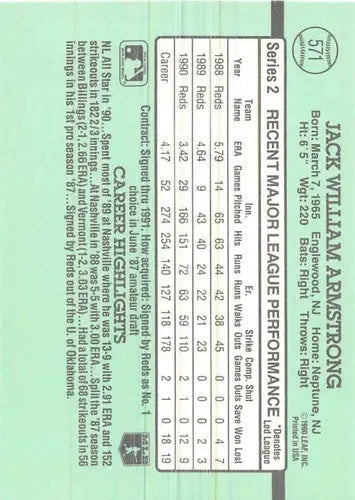 1991 Donruss #571 Jack Armstrong NM-MT Reds - Baseball Card Single