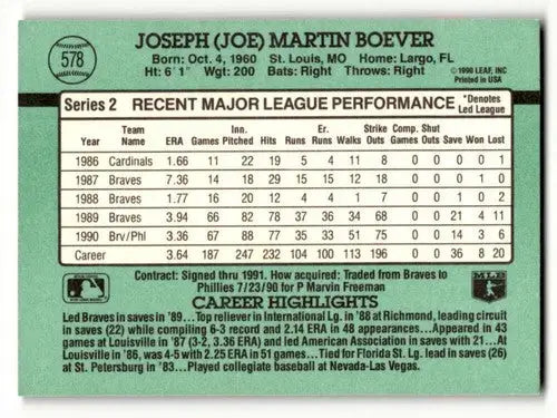 Front and back of 1991 Donruss Joe Boever Philadelphia Phillies baseball card with original gloss