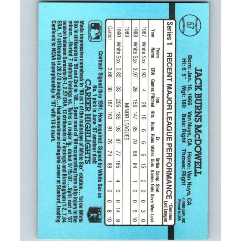 1991 Donruss #57a Jack McDowell NM-MT Chicago White Sox Baseball Card - Baseball Card Single