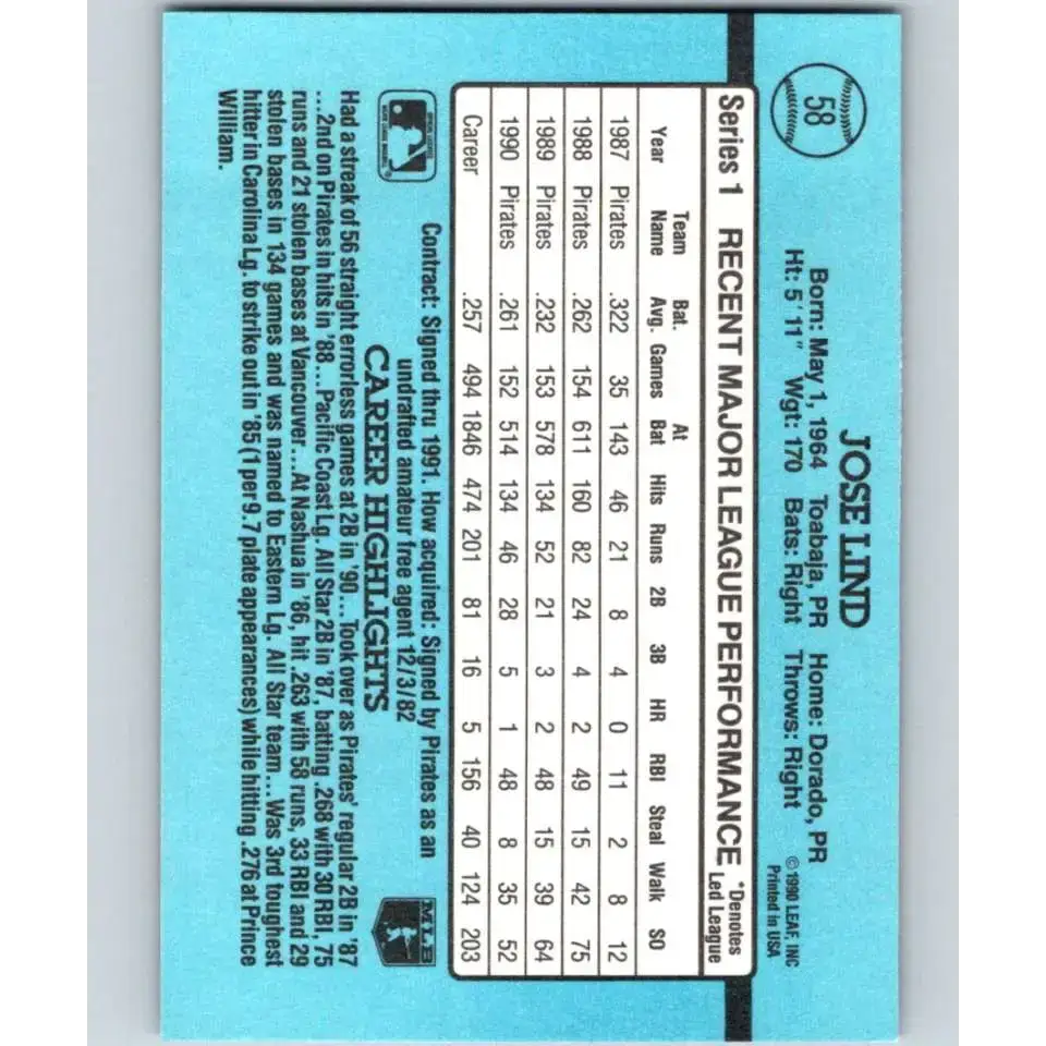 1991 Donruss #58 Jose Lind NM-MT Pittsburgh Pirates Baseball Card - Baseball Card Single